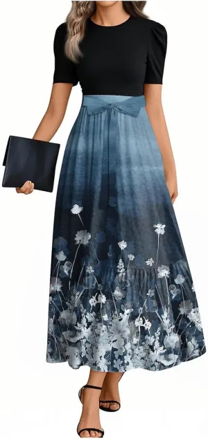 Kenvina Summer Dresses for Women Floral Print Flowy Short Sleeve Dress Patchwork Empire Waist Dress Tie Belted Maxi Dress