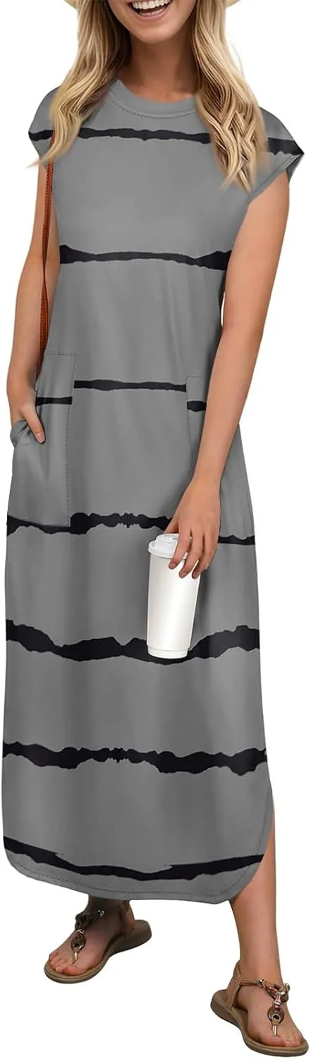 Kenvina Womens Summer Floral Midi Dresses Cap Sleeve Beach Vacation Dress V Neck Long Flowy Boho Casual Dress with Pocket