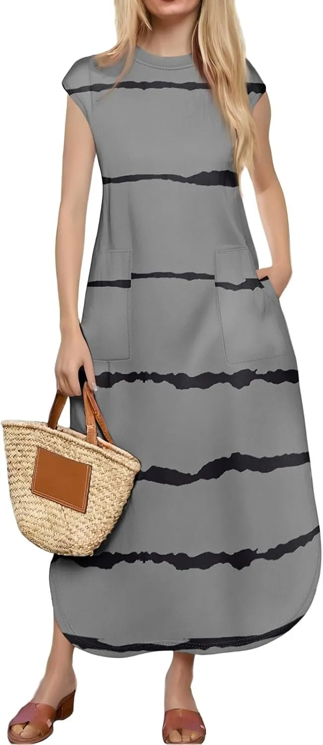 Kenvina Womens Summer Floral Midi Dresses Cap Sleeve Beach Vacation Dress V Neck Long Flowy Boho Casual Dress with Pocket