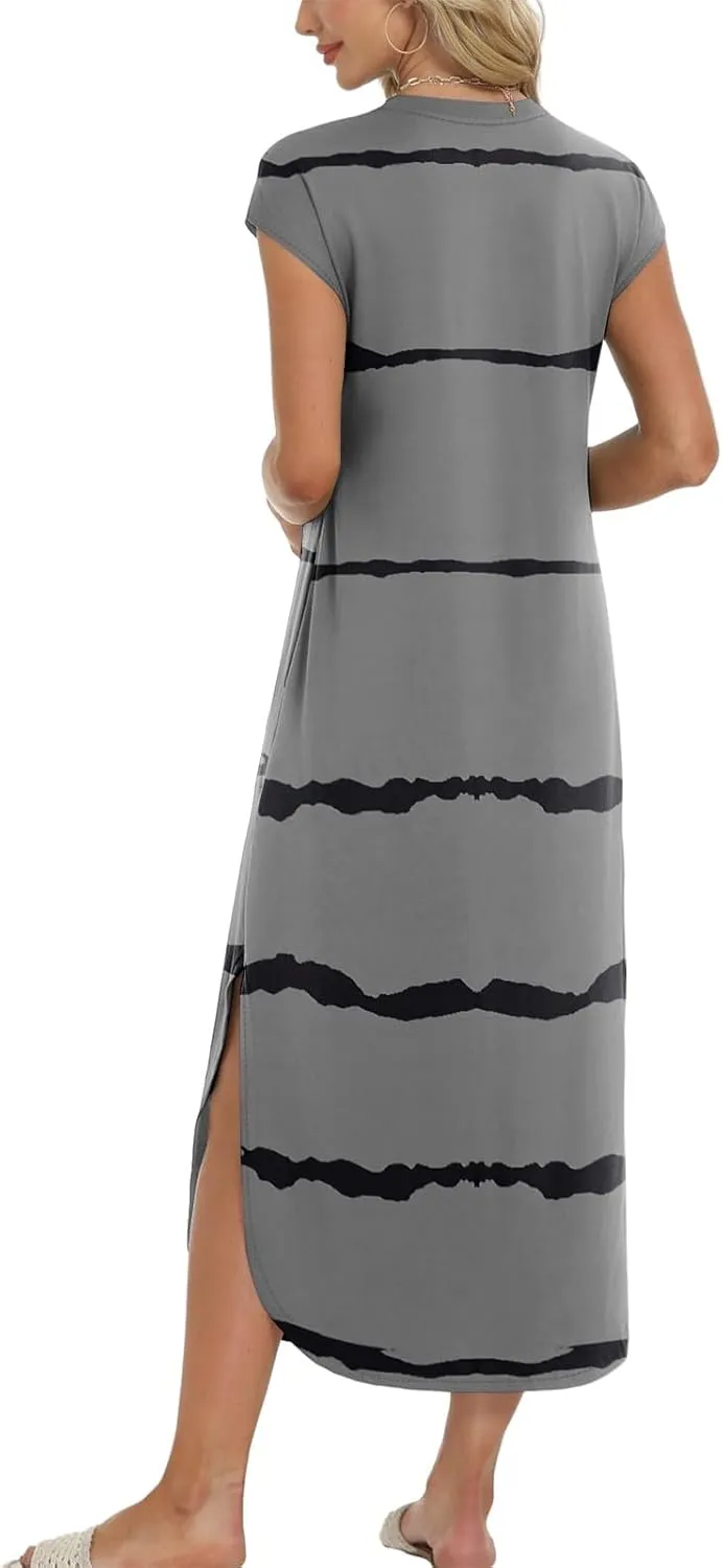 Kenvina Womens Summer Floral Midi Dresses Cap Sleeve Beach Vacation Dress V Neck Long Flowy Boho Casual Dress with Pocket