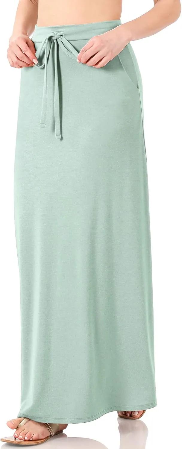 KOGMO Womens Casual Maxi Skirt with Waist Drawstring and Side Pockets (S-3X)