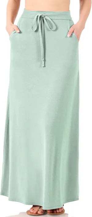 KOGMO Womens Casual Maxi Skirt with Waist Drawstring and Side Pockets (S-3X)