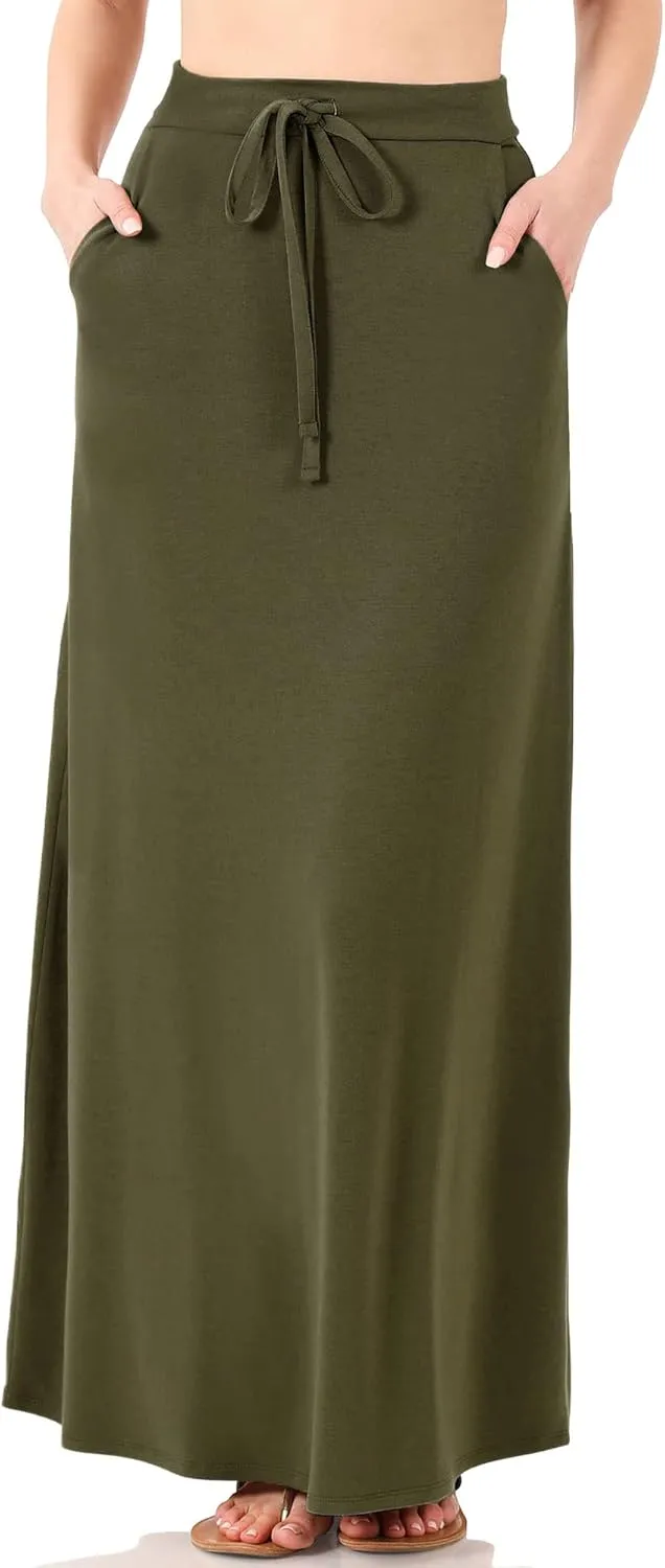 KOGMO Womens Casual Maxi Skirt with Waist Drawstring and Side Pockets (S-3X)
