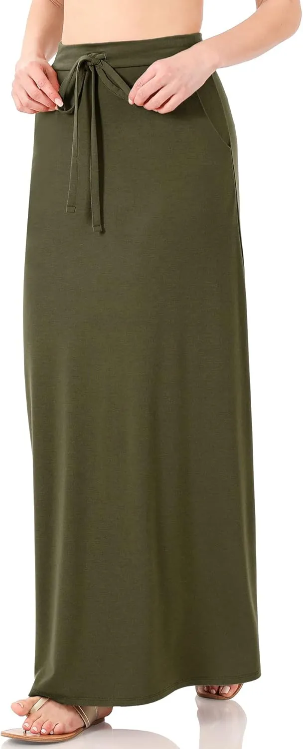 KOGMO Womens Casual Maxi Skirt with Waist Drawstring and Side Pockets (S-3X)