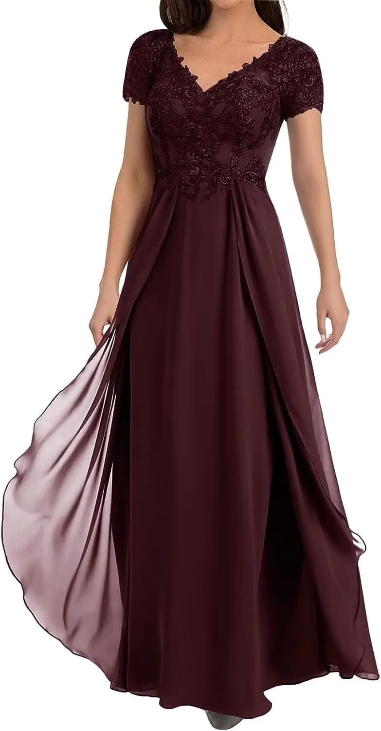 Lace Appliques Mother of The Bride Dresses for Wedding Cap Sleeve V Neck Chiffon A LineFormal Evening Party Gowns for Women