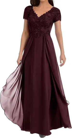 Lace Appliques Mother of The Bride Dresses for Wedding Cap Sleeve V Neck Chiffon A LineFormal Evening Party Gowns for Women