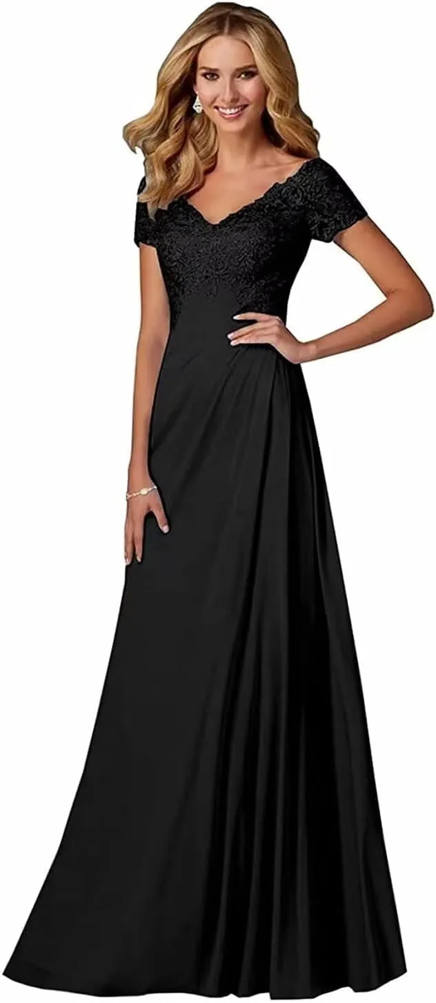 Lace Appliques Mother of The Bride Dresses for Wedding V-Neck Chiffon Long Formal Evening Gowns with Sleeve