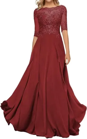 Lace Appliques Mother of The Bride Dresses with Half Sleeve Chiffon A line Formal Evening Gown for Women