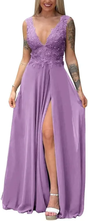Lace Bridesmaid Dresses for Women Long Chiffon Evening Gowns Formal V Neck Prom Dress with Slit PD944