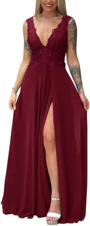Lace Bridesmaid Dresses for Women Long Chiffon Evening Gowns Formal V Neck Prom Dress with Slit PD944