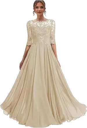 Lace Crew Neck Mother of The Bride Dress with Sleeves A Line Long Chiffon Wedding Guest Gowns with Appliques