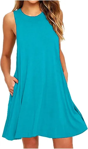Ladies Mini Dresses with Pockets,Sleeveless Summer Dresses Elegant Plain Tank Dress Casual Loose High Waist Mini Dress