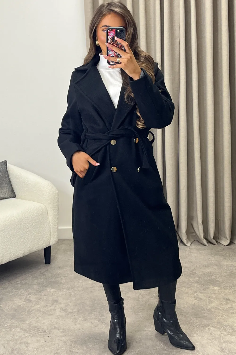 Lauran Black Striped Wool Look Belted Longline Trench Coat