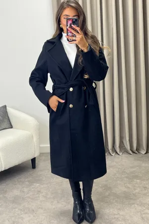 Lauran Black Striped Wool Look Belted Longline Trench Coat