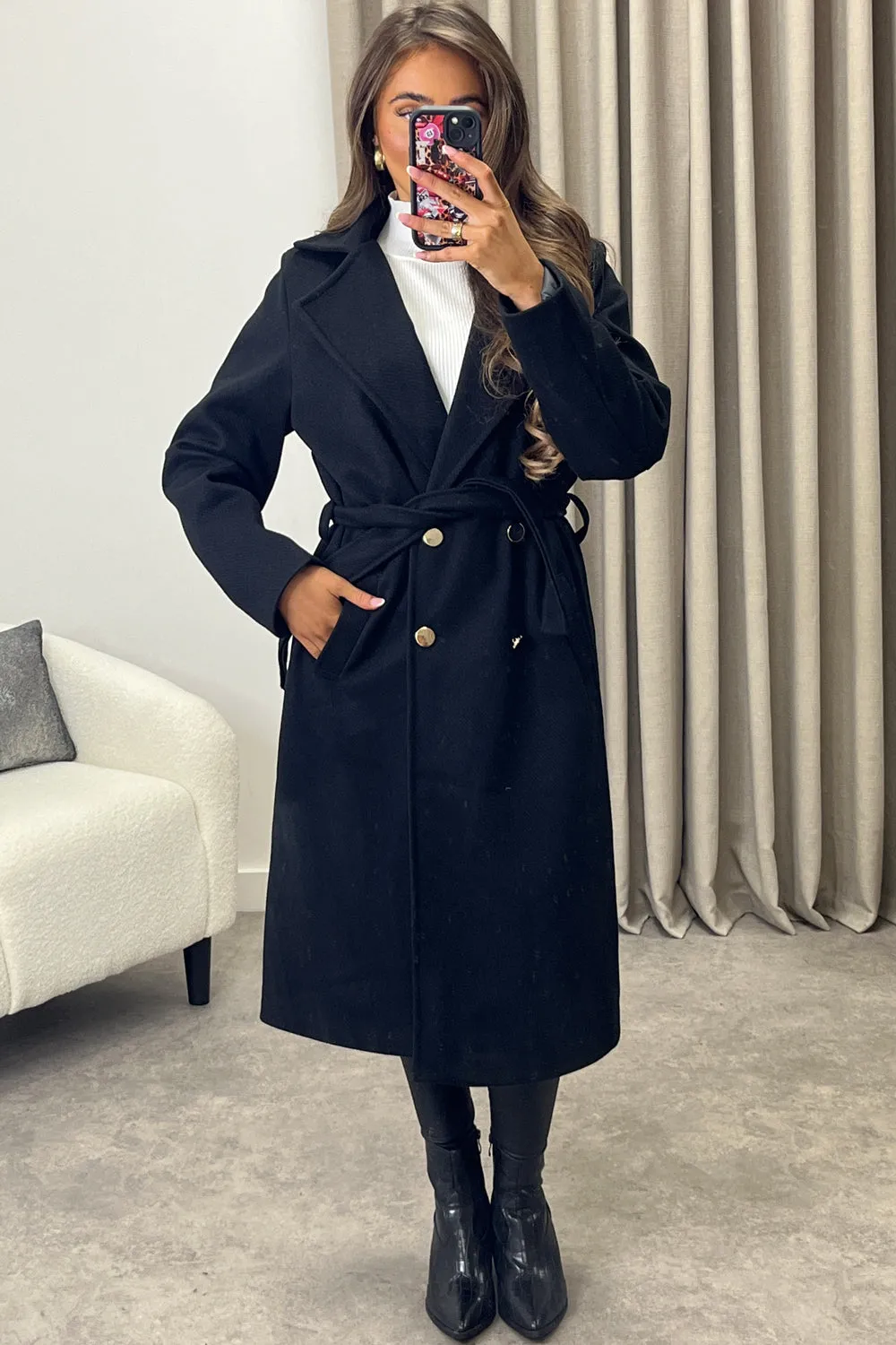 Lauran Black Striped Wool Look Belted Longline Trench Coat