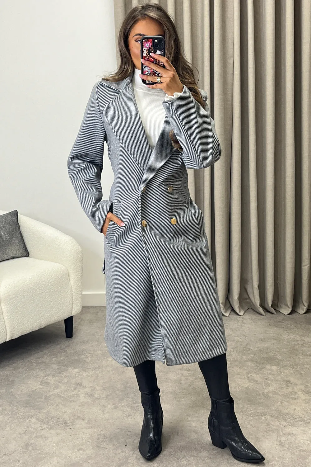 Lauran Grey Striped Wool Look Belted Longline Trench Coat