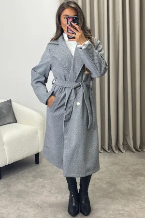 Lauran Grey Striped Wool Look Belted Longline Trench Coat