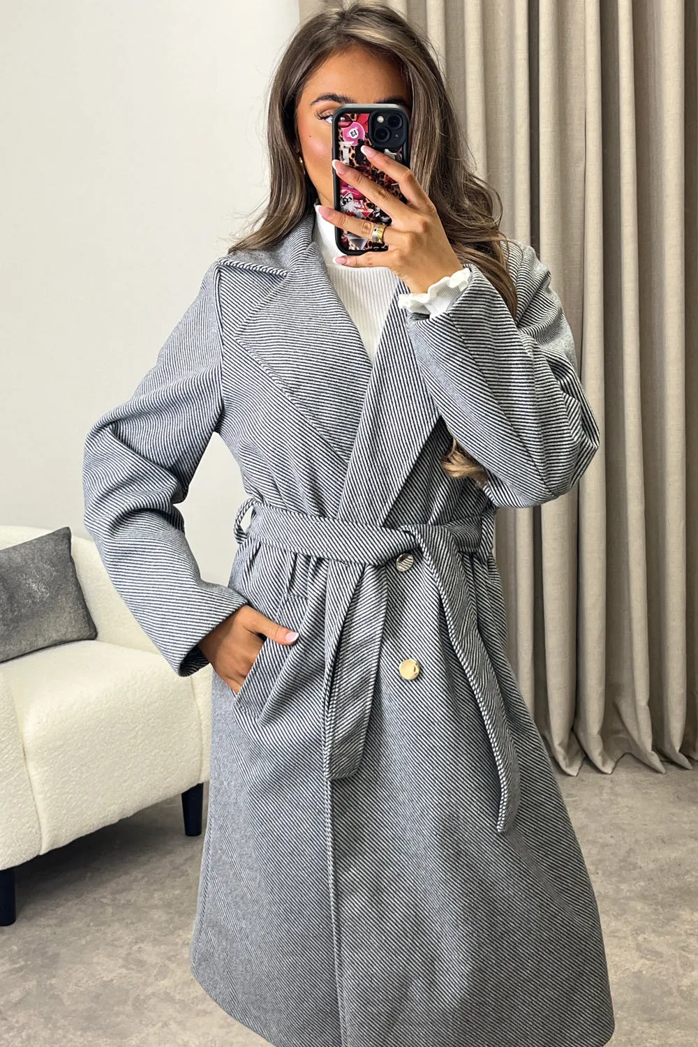 Lauran Grey Striped Wool Look Belted Longline Trench Coat