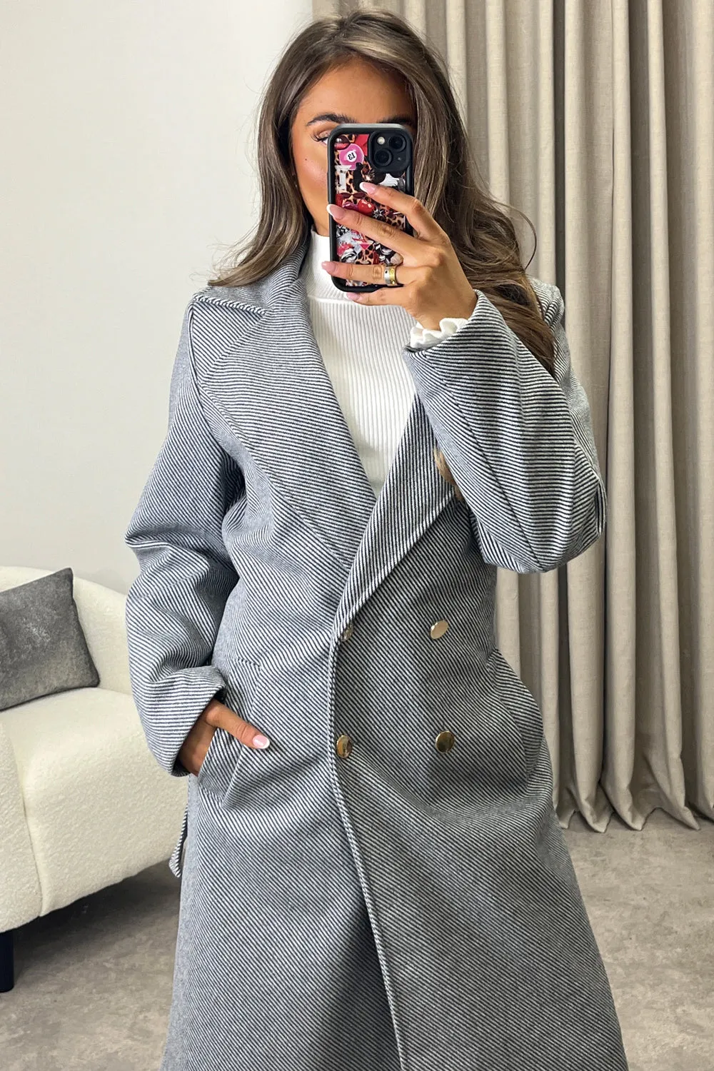 Lauran Grey Striped Wool Look Belted Longline Trench Coat