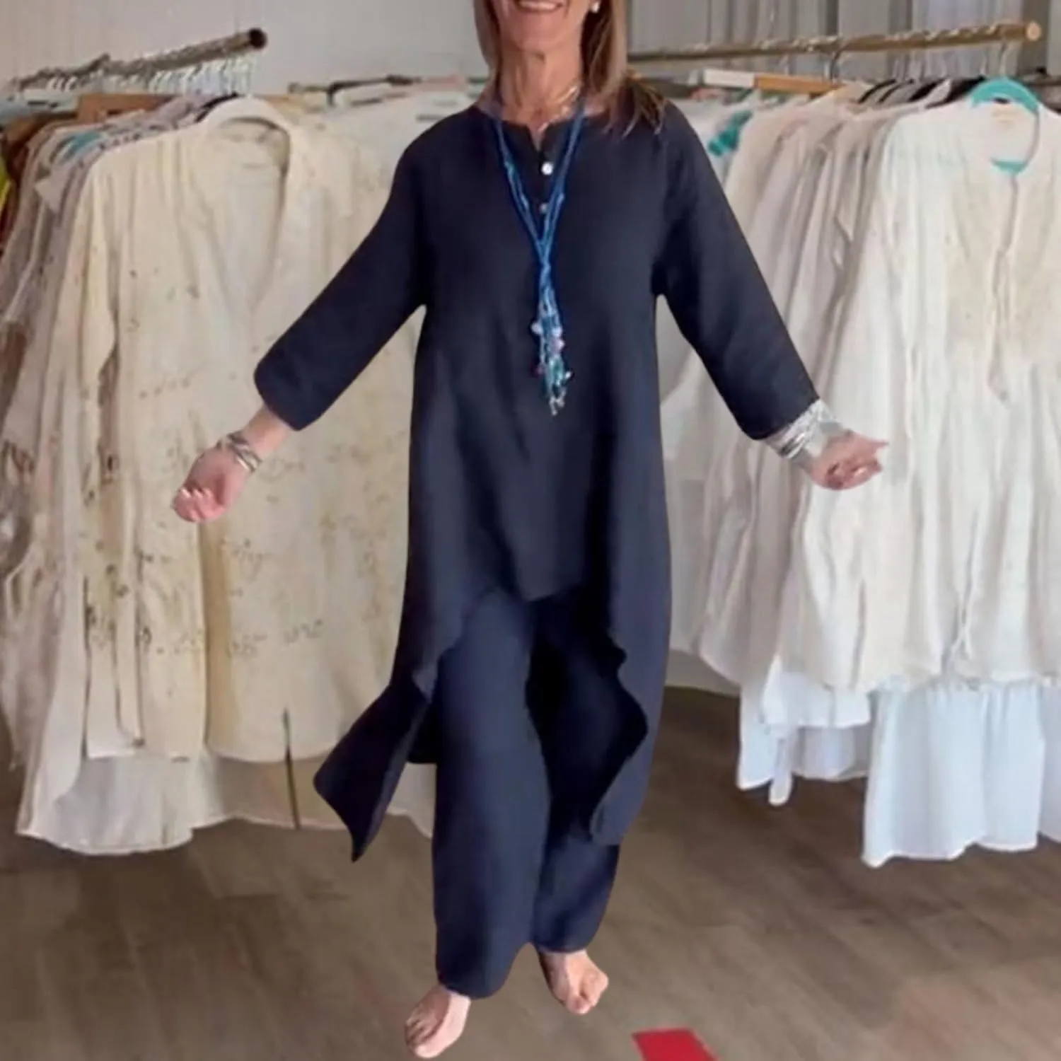 Linen Outfits for Women Two Piece Linen Sets Linen Pant Suits Casual 3/4 Sleeve Maxi Dress Wide Leg Linen Pants Sets