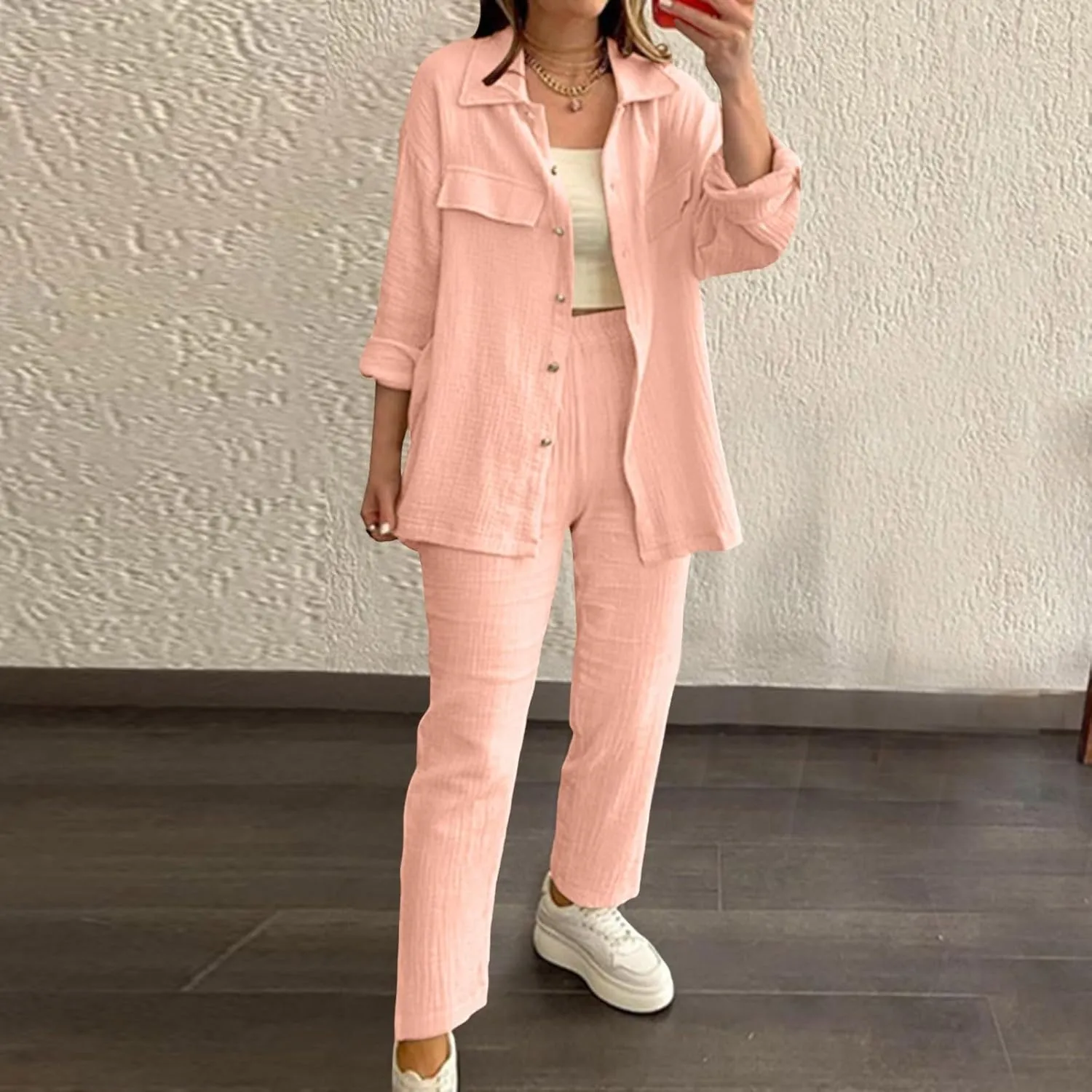Linen Sets for Women 2 Piece Straight Wide Leg Pants Set Short Sleeve T-shirt Casual Outfits Comfy Loungewear