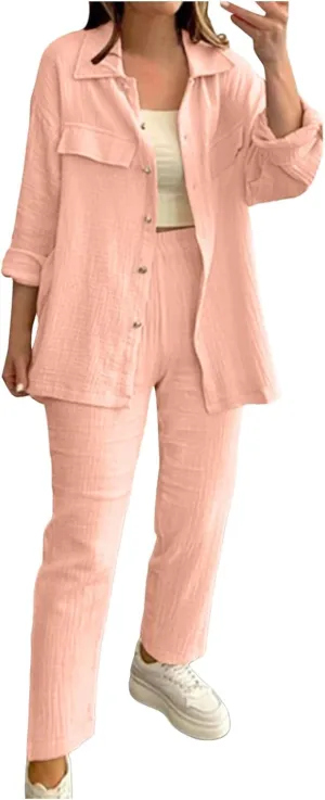 Linen Sets for Women 2 Piece Straight Wide Leg Pants Set Short Sleeve T-shirt Casual Outfits Comfy Loungewear