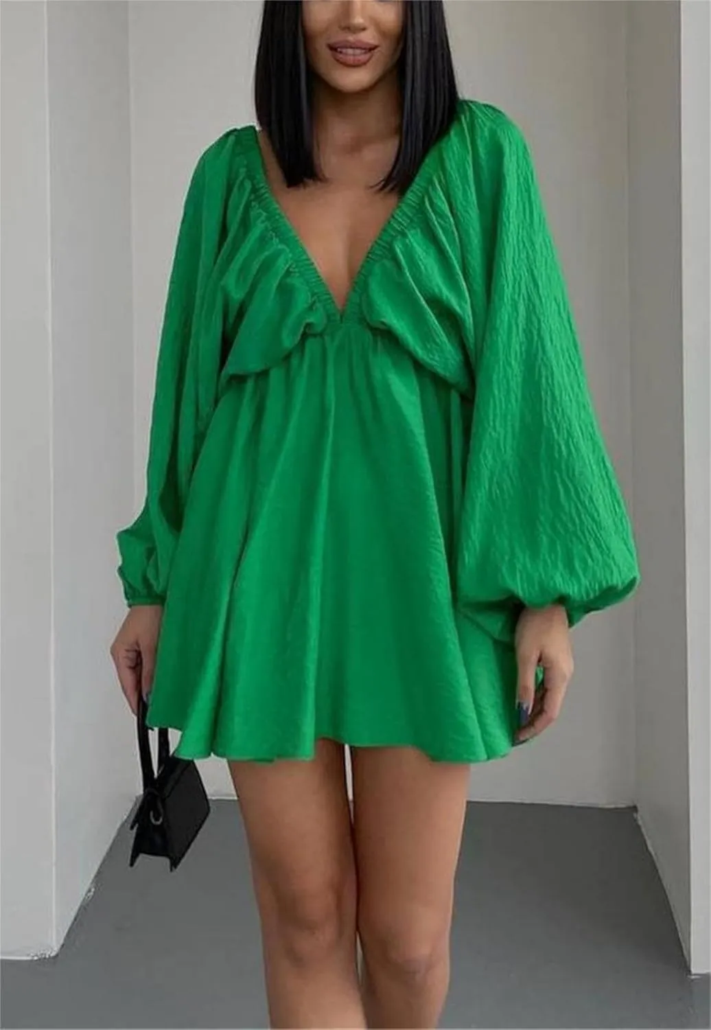 LOFAAC Women Sexy Deep V Neck Puff Long Sleeve Mini Dress Backless High Waist Ruffle Short Dress Party Club Fall Dress