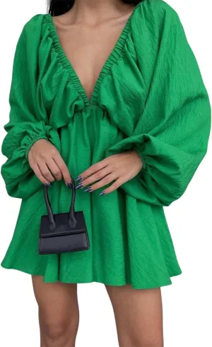 LOFAAC Women Sexy Deep V Neck Puff Long Sleeve Mini Dress Backless High Waist Ruffle Short Dress Party Club Fall Dress