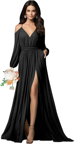 Long Sleeve Bridesmaid Dresses Chiffon V Neck Spaghetti Straps Ruched A-line Prom Dress with Slit Pockets