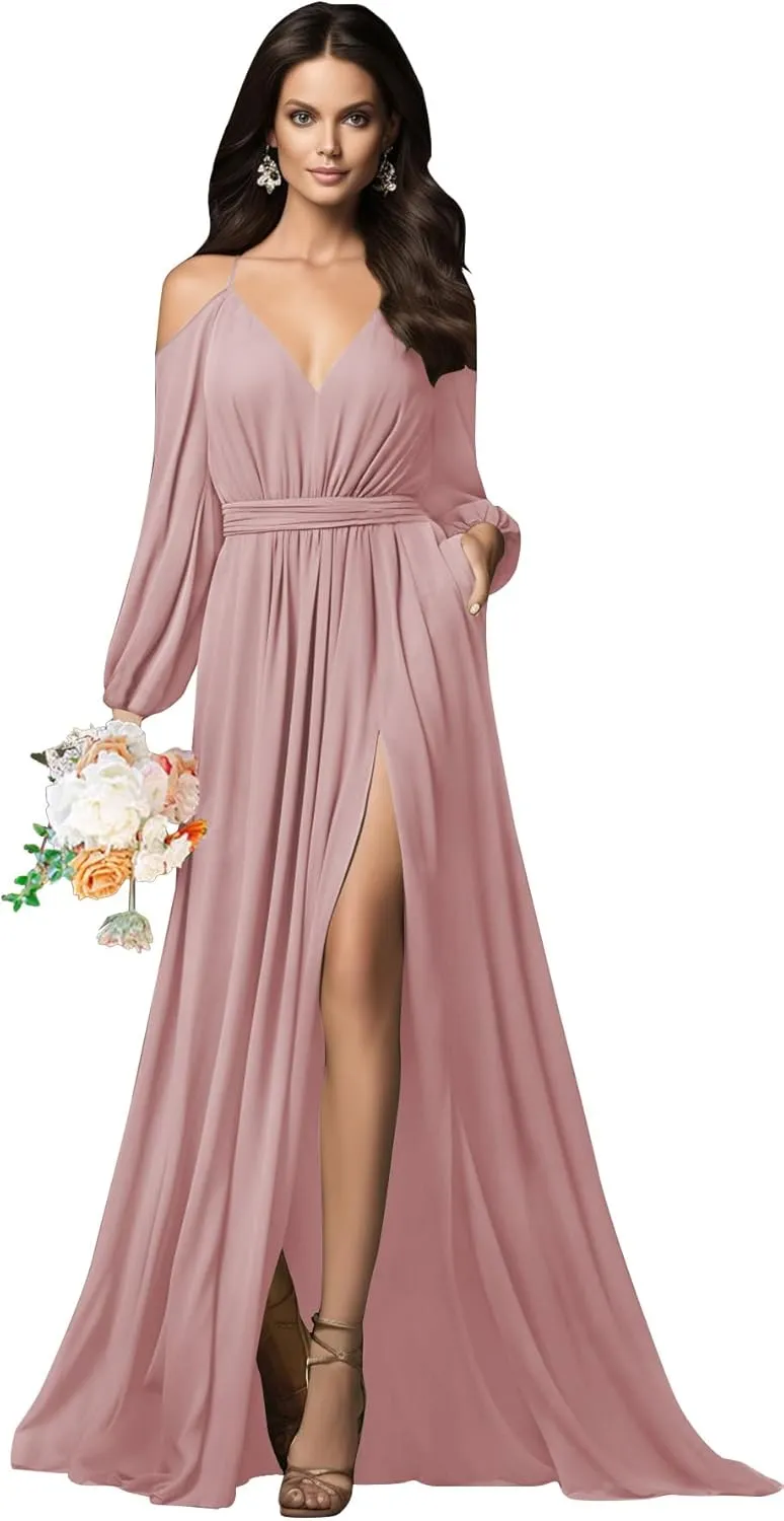 Long Sleeve Bridesmaid Dresses Chiffon V Neck Spaghetti Straps Ruched A-line Prom Dress with Slit Pockets