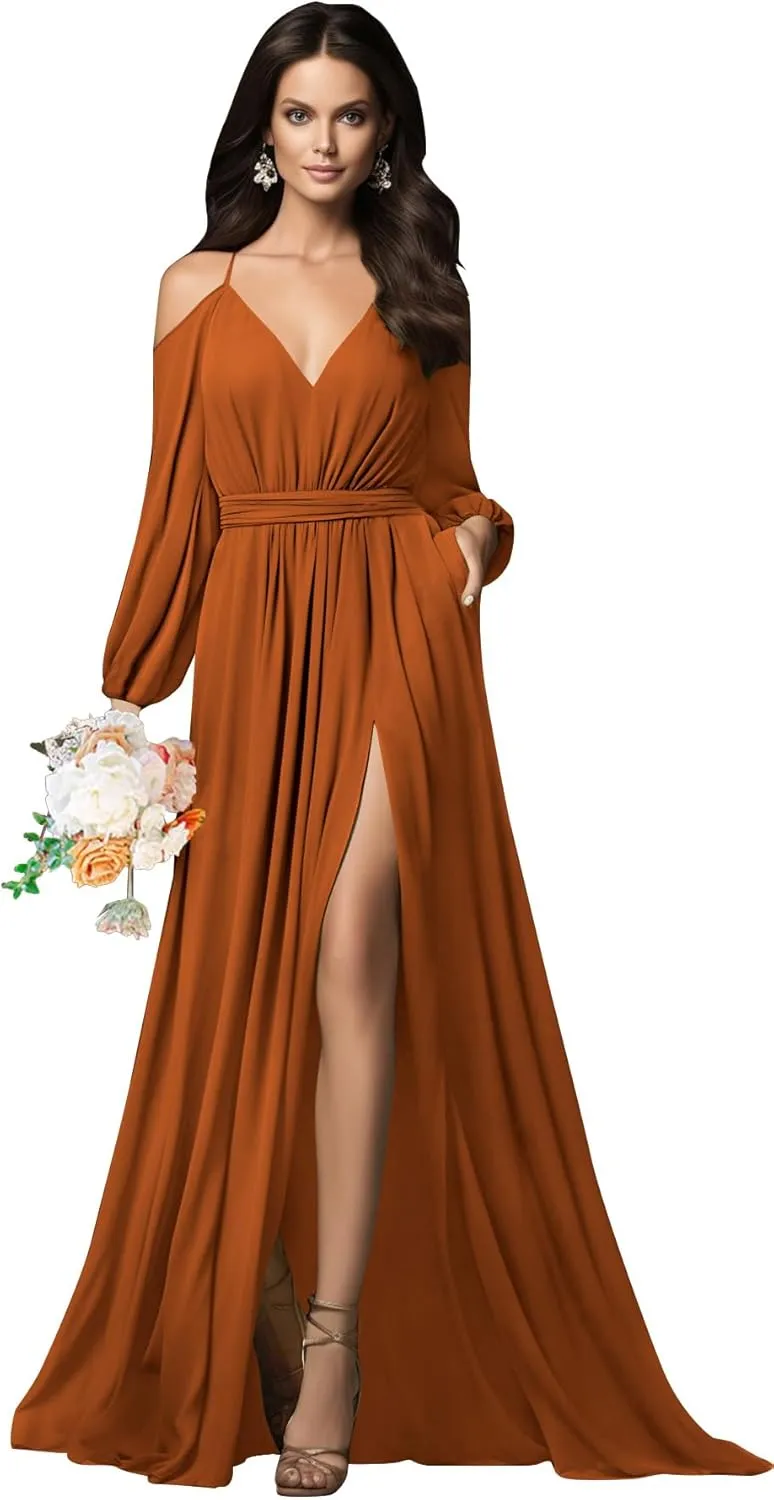 Long Sleeve Bridesmaid Dresses Chiffon V Neck Spaghetti Straps Ruched A-line Prom Dress with Slit Pockets