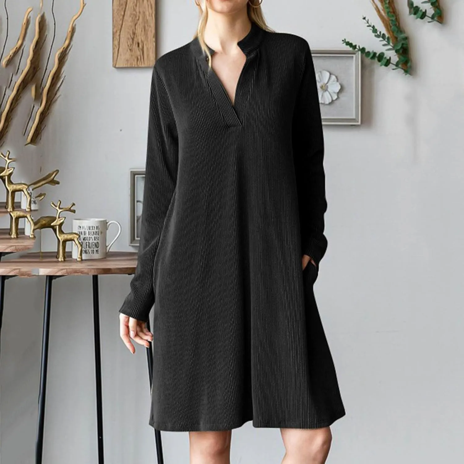 Long Sleeve Dress for Women V Neck Casual Loose Textured Mini Dresses 2025 Fashion Summer Sundress Shirt Dresses