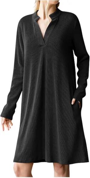Long Sleeve Dress for Women V Neck Casual Loose Textured Mini Dresses 2025 Fashion Summer Sundress Shirt Dresses