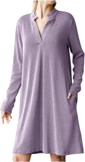 Long Sleeve Dress for Women V Neck Casual Loose Textured Mini Dresses 2025 Fashion Summer Sundress Shirt Dresses