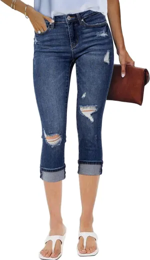 luvamia Capri Jeans for Women Stretch High Waisted Distressed Denim Capris Ripped Skinny Cropped Pants
