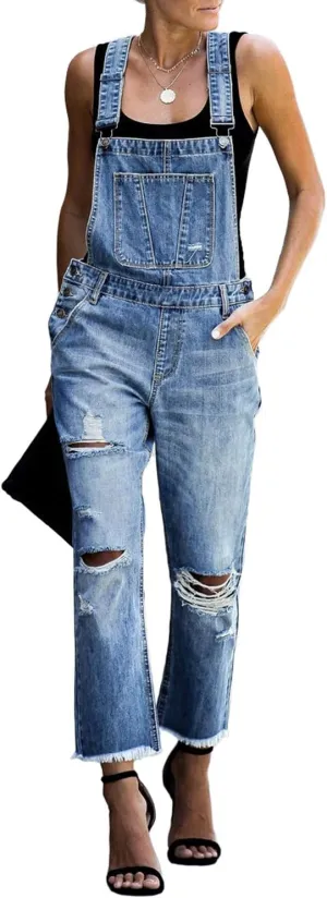 luvamia Women's Casual Distressed Adjustable Denim Bib Overalls Jeans Pants Jumpsuits Blue Size X-Small