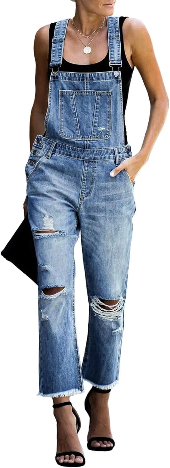 luvamia Women's Casual Distressed Adjustable Denim Bib Overalls Jeans Pants Jumpsuits Blue Size X-Small