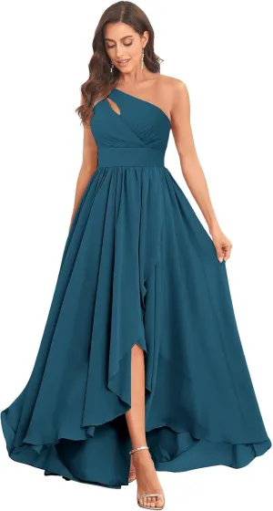 MAGGCIF One Shoulder Bridesmaid Dresses for Women with Pockets A Line Chiffon Ruffle High Low Formal Evening Gown
