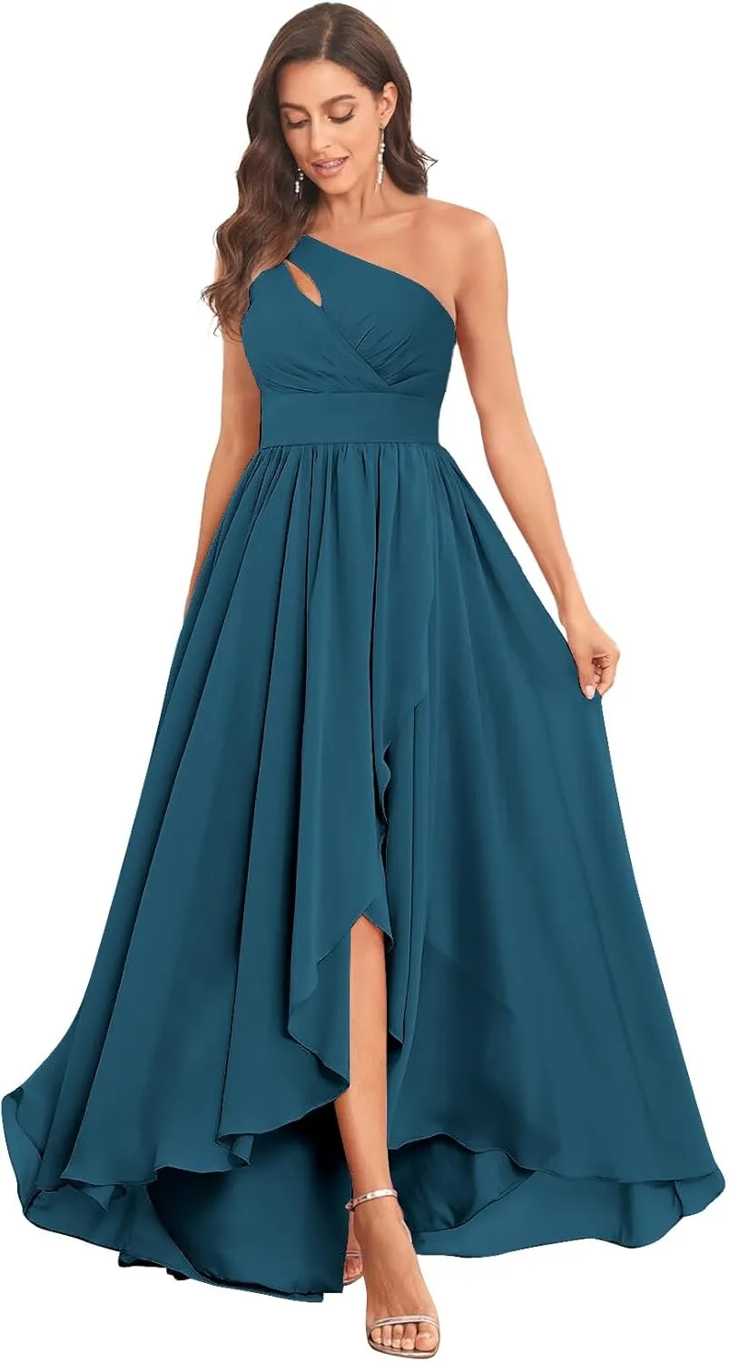MAGGCIF One Shoulder Bridesmaid Dresses for Women with Pockets A Line Chiffon Ruffle High Low Formal Evening Gown
