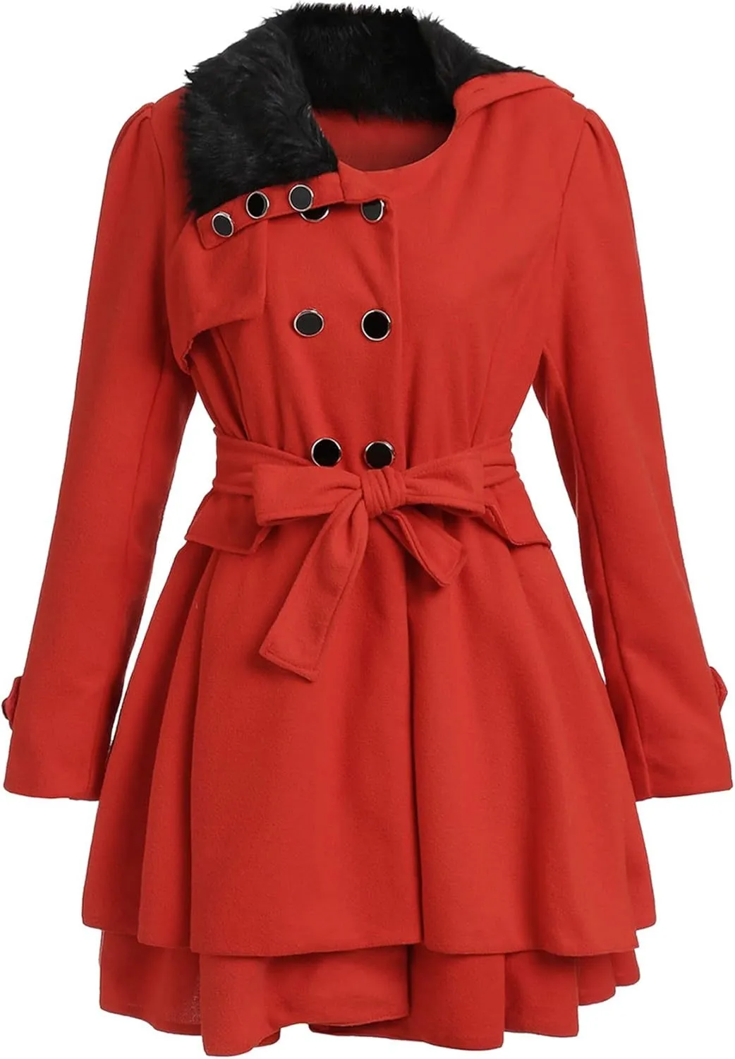 MakeMeChic Women's Petite Faux Fur Double Breasted Trench Coat Laryered Hem Jacket Outwear with Belt