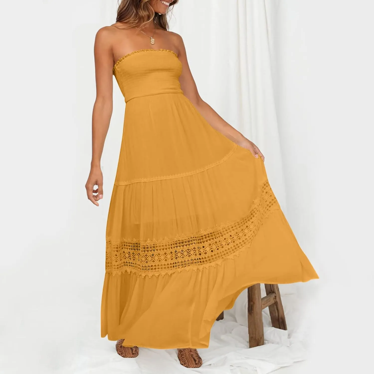 Maxi Dresses for Women Summer Bohemian Tube Strapless Sundress Off Shoulder Lace Trim Flowy A Line Beach Dress
