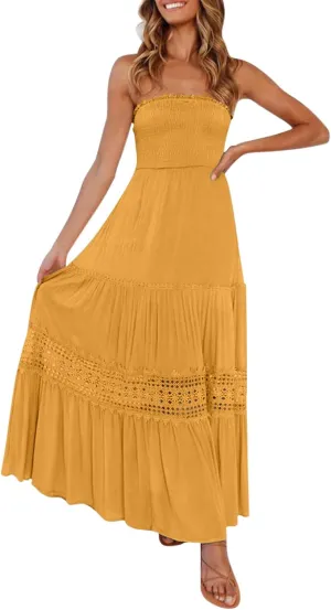 Maxi Dresses for Women Summer Bohemian Tube Strapless Sundress Off Shoulder Lace Trim Flowy A Line Beach Dress