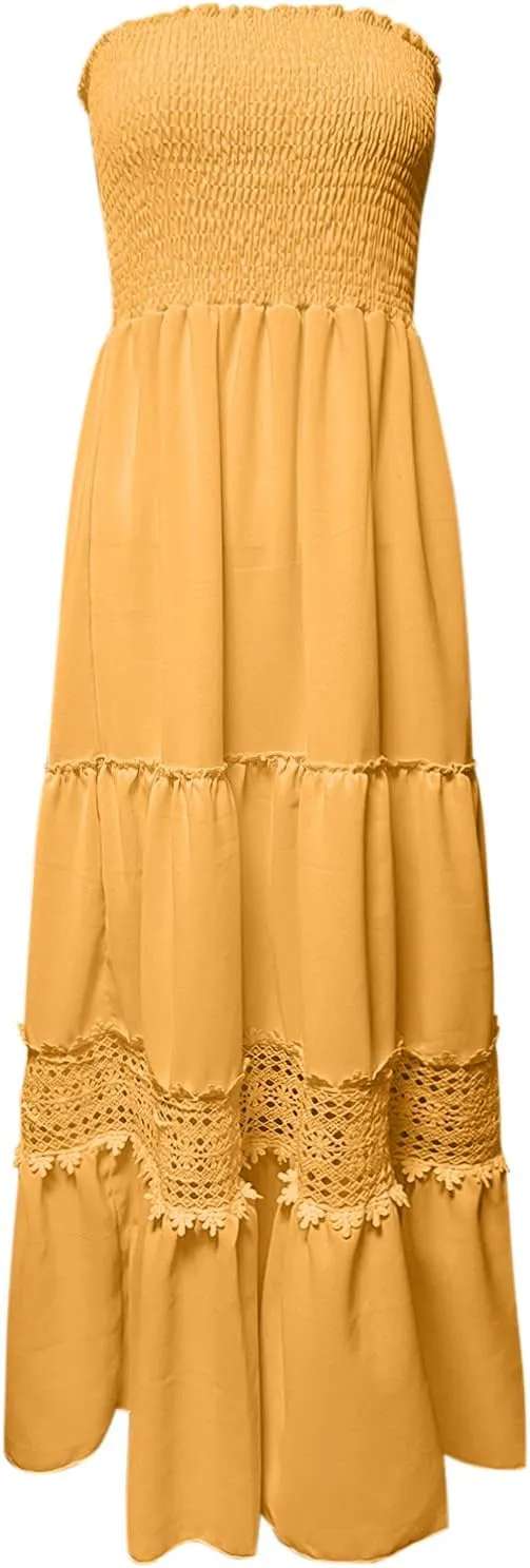 Maxi Dresses for Women Summer Bohemian Tube Strapless Sundress Off Shoulder Lace Trim Flowy A Line Beach Dress