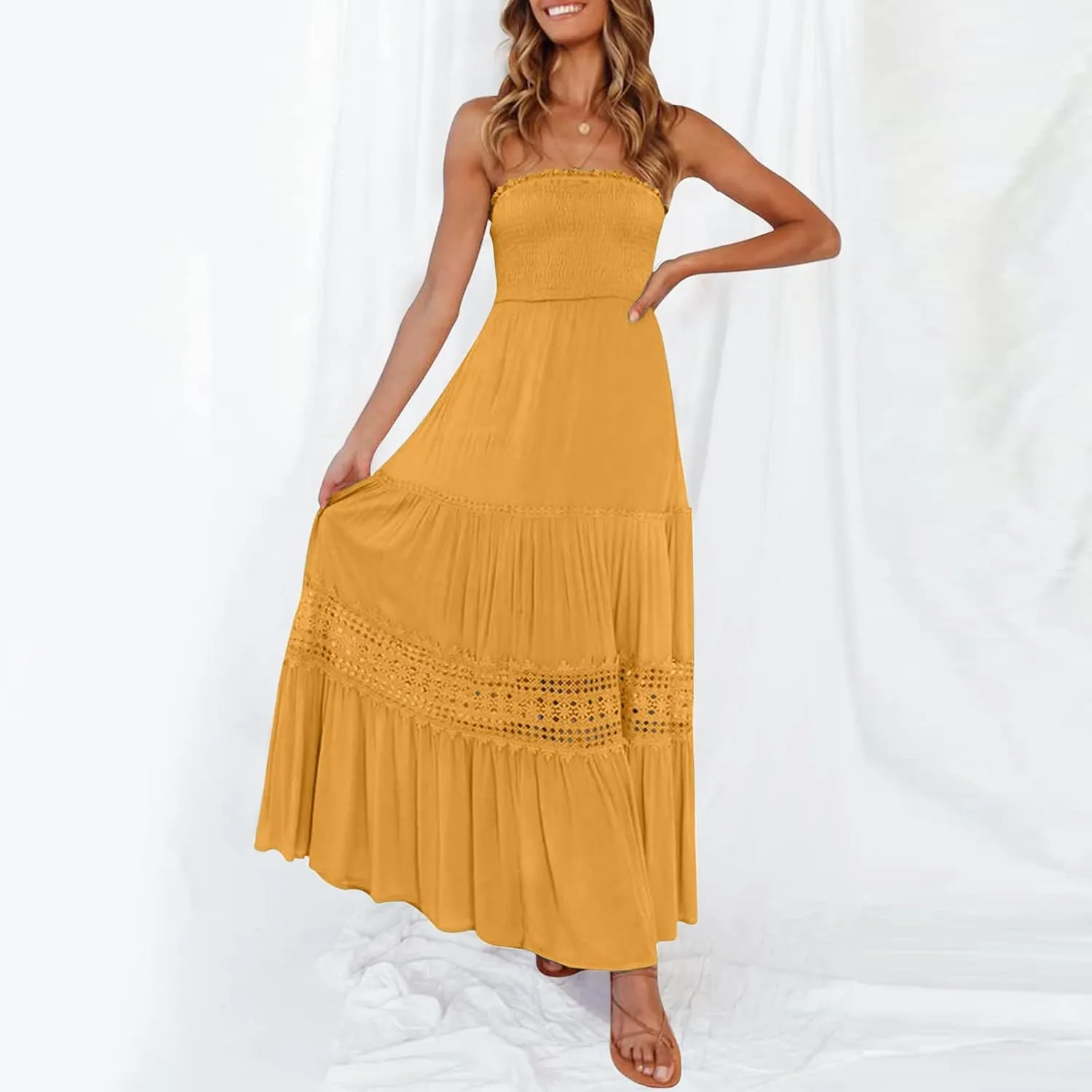 Maxi Dresses for Women Summer Bohemian Tube Strapless Sundress Off Shoulder Lace Trim Flowy A Line Beach Dress