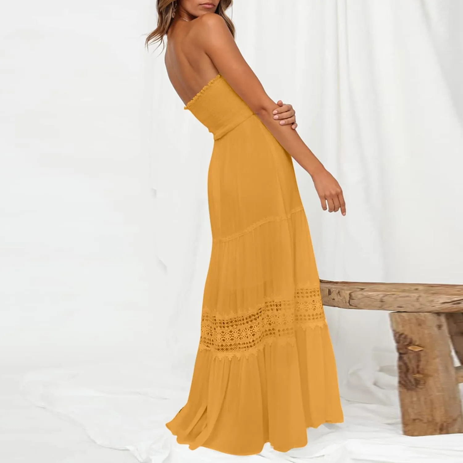 Maxi Dresses for Women Summer Bohemian Tube Strapless Sundress Off Shoulder Lace Trim Flowy A Line Beach Dress