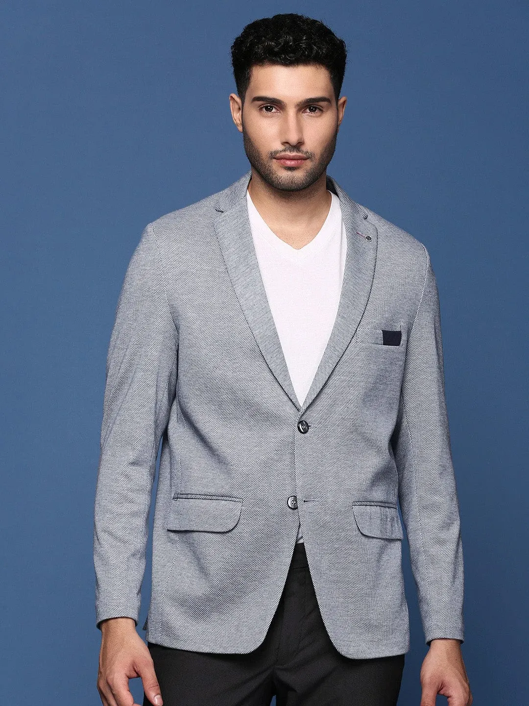 Men Blue Single Breasted Slim Fit Blazer