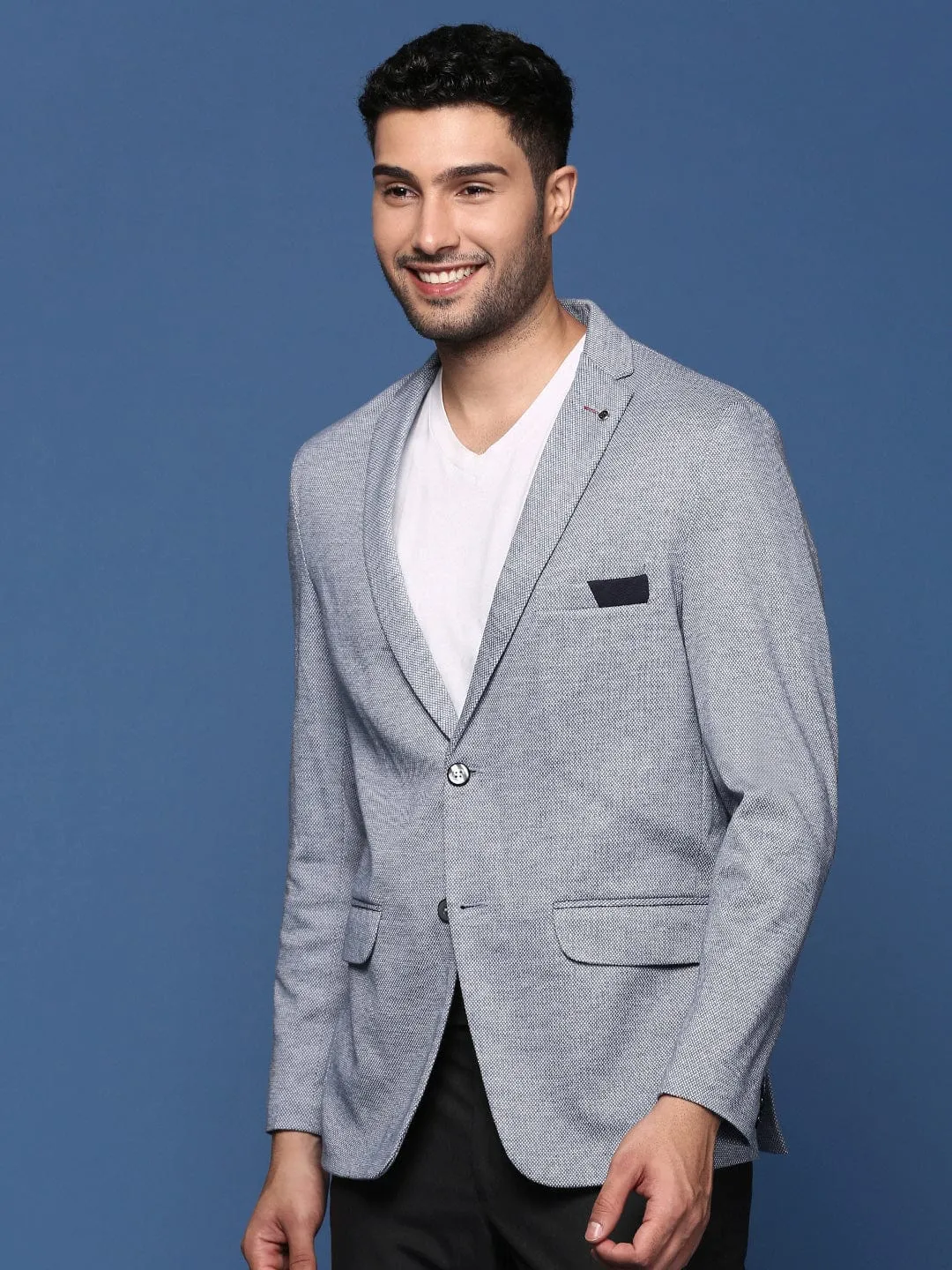 Men Blue Single Breasted Slim Fit Blazer