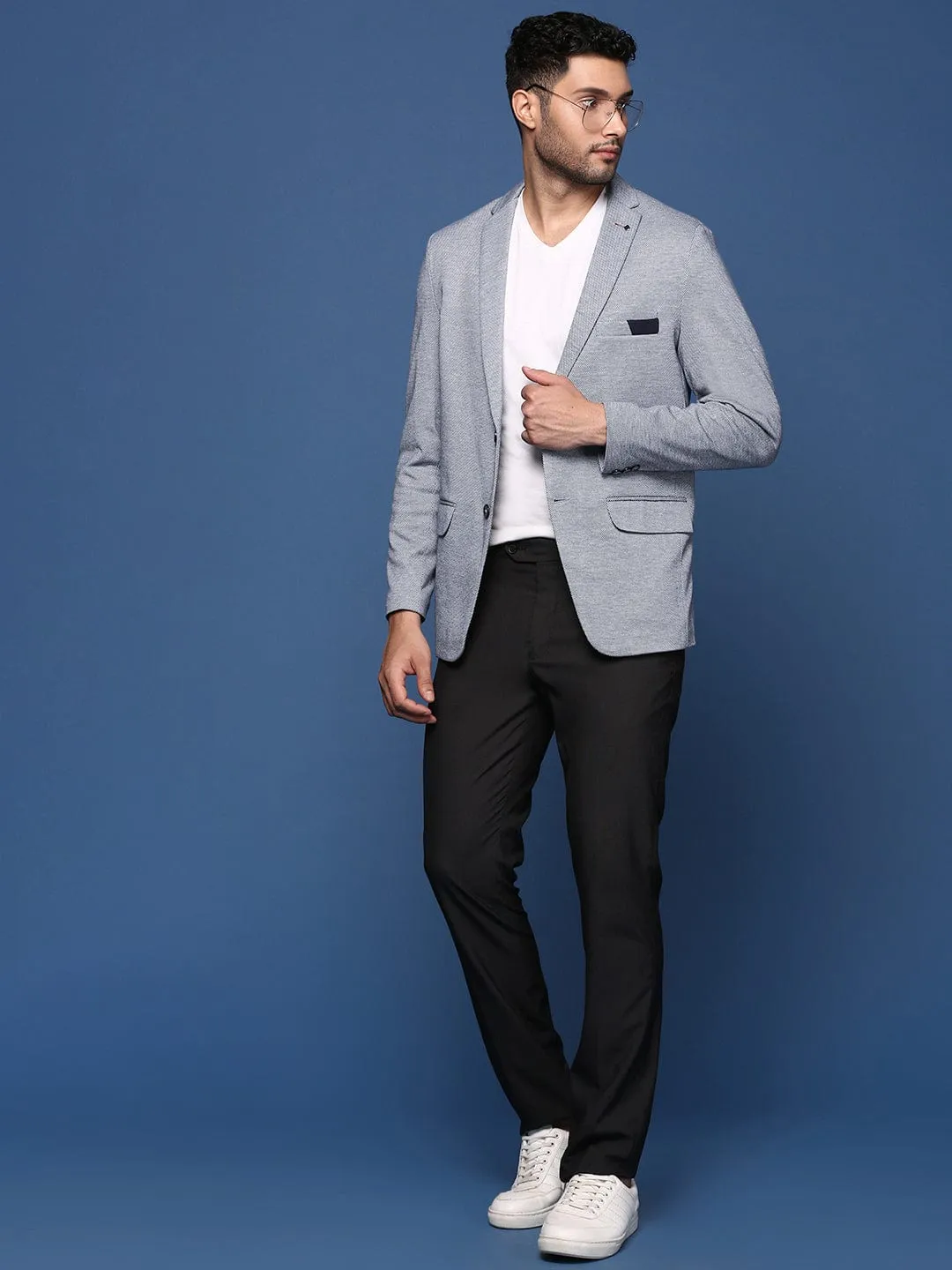 Men Blue Single Breasted Slim Fit Blazer