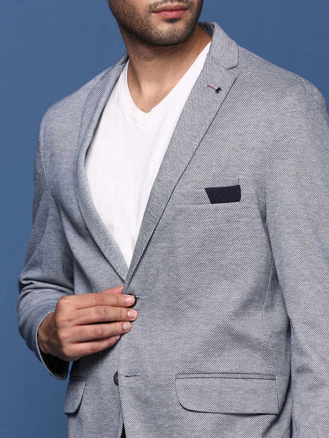 Men Blue Single Breasted Slim Fit Blazer