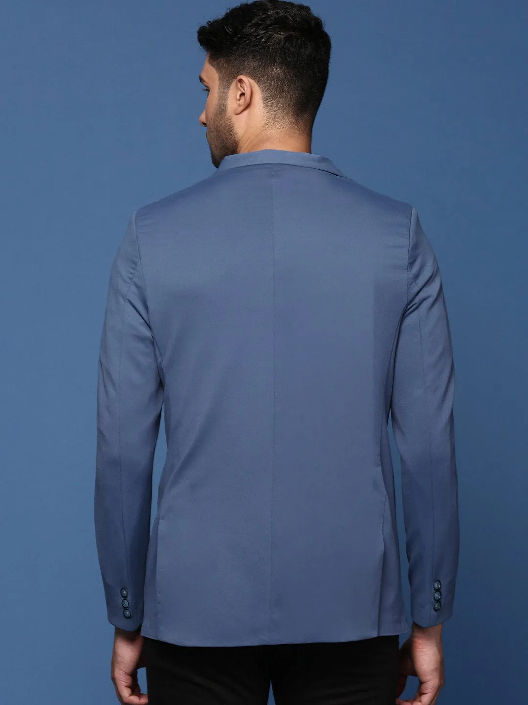 Men Blue Slim Fit Cotton Single Breasted Blazer